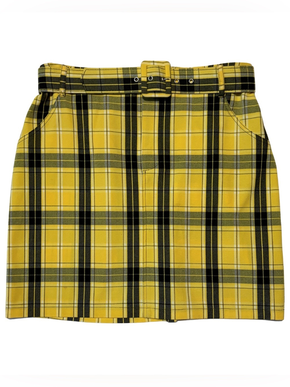 Ultra High Rise Hollister Yellow & Black Plaid Belted Mini Skirt
